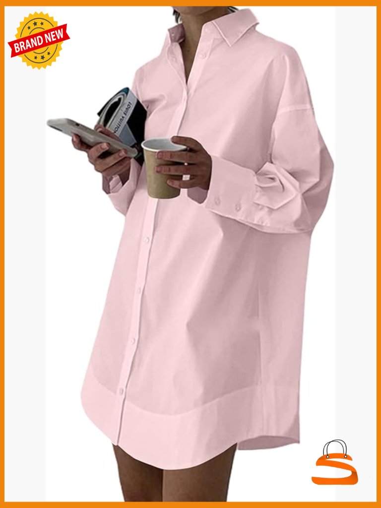 Women's Casual Shirt Dress Collar V Neck Button Down Long Sleeve Mini A-Line